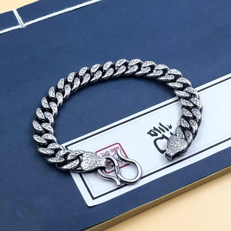 足银手链 999复古男士福字花纹单扁个性时尚简约韩版霸气粗款手链