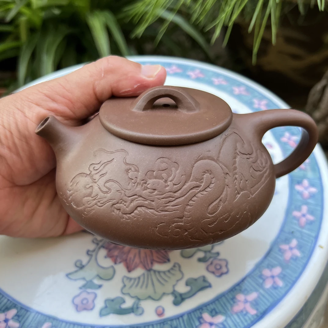 宜兴浮雕龙纹石瓢家用功夫茶壶紫砂紫砂壶平盖平盖石瓢泡茶