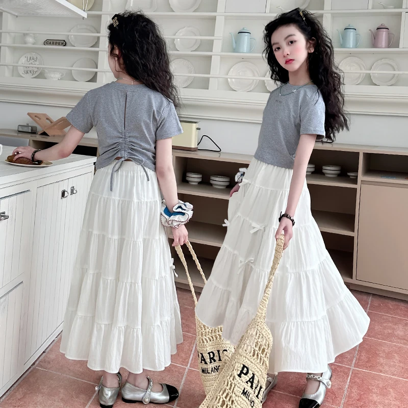 女童夏季短袖套装2025新款韩版女大童时髦长裙子洋气公主裙两件套