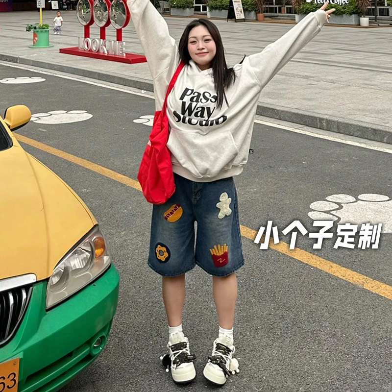 150小矮个子刺绣复古牛仔短裤女夏设计感直筒五分裤高腰阔腿中裤