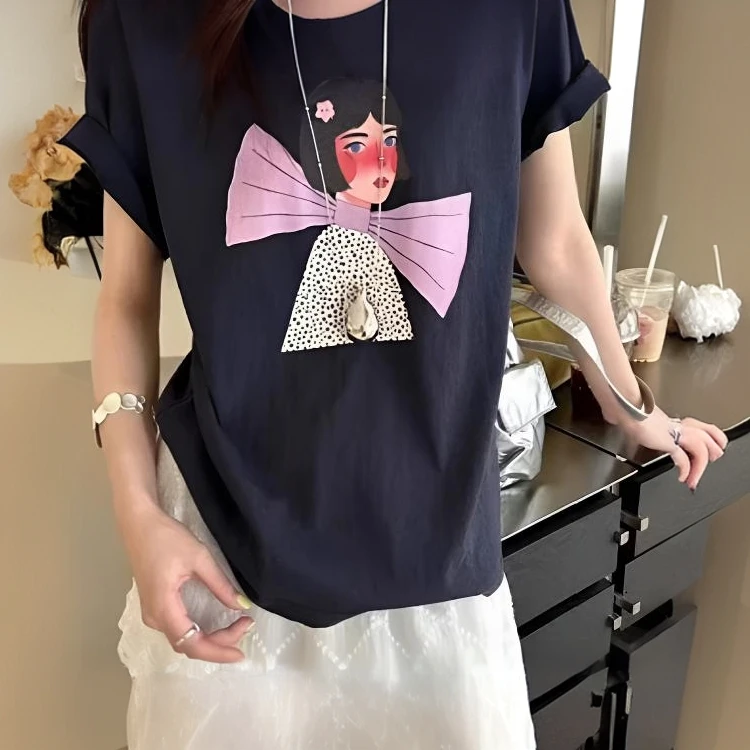 【短发女孩】新款2025夏季韩系减龄图案印花百搭慵懒宽松圆领