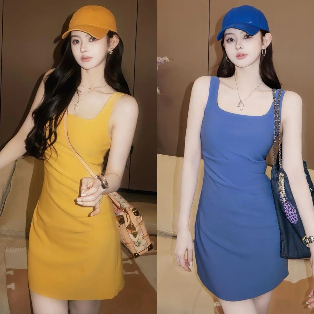 冰冰●【西西莉亚】黄色吊带连衣裙小个子辣妹褶皱收腰显瘦包臂短裙