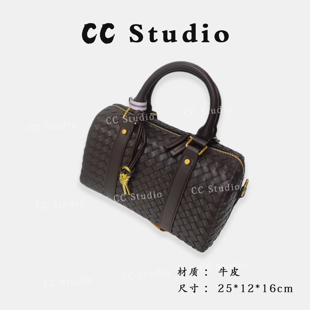 【尚恩CC】SLBL-9902-咖啡-原创设计全真皮手工编织波士顿枕头包