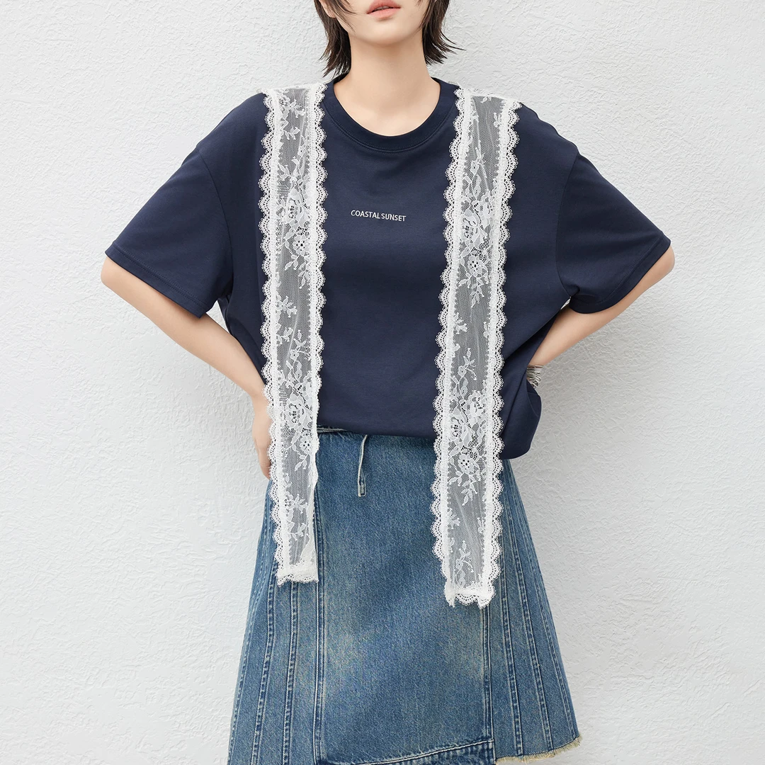 美洋MEIYANG【现货】大舒服二号T恤 气质全棉叠穿短袖T蕾丝披肩