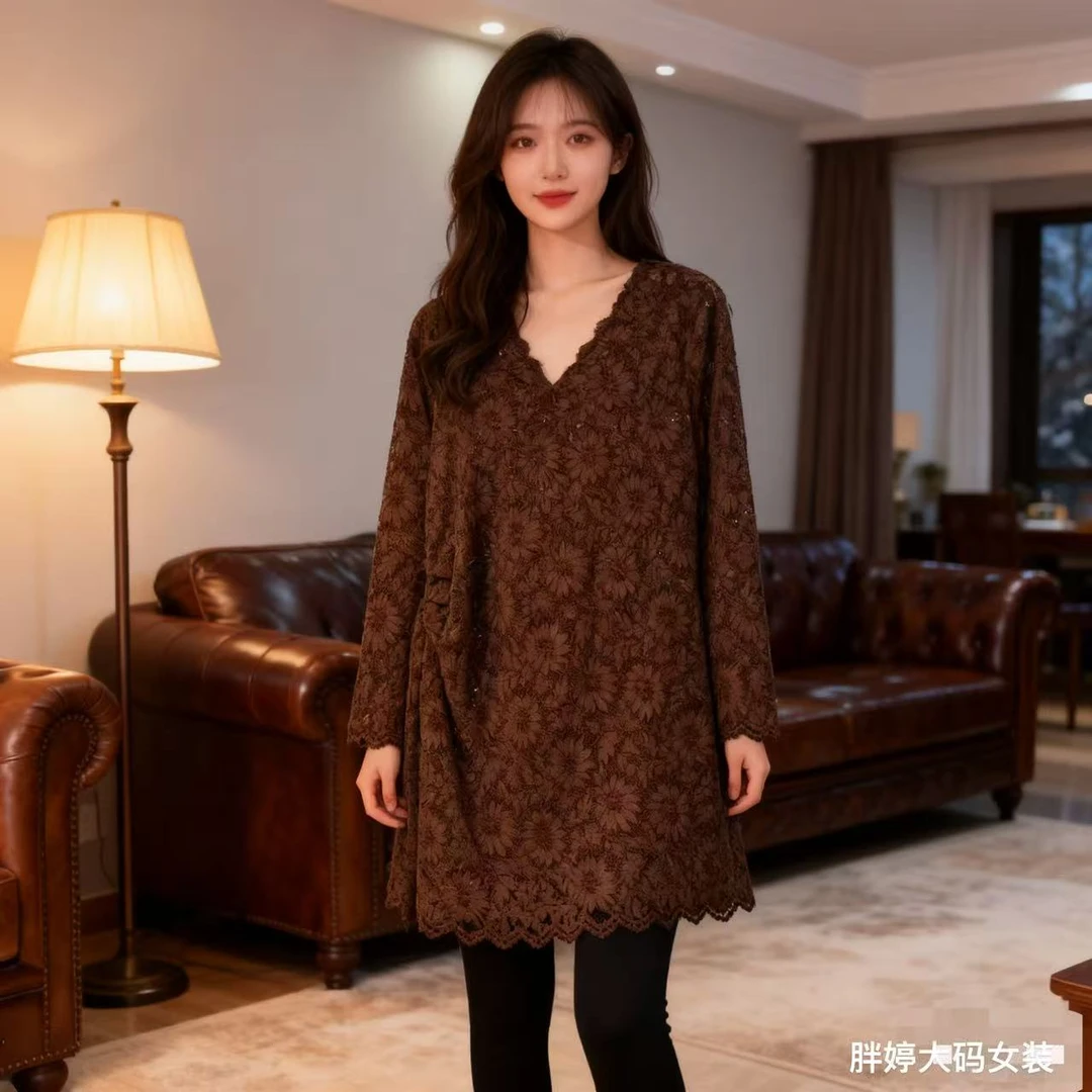 欧货气质V领花朵蕾丝连衣裙微胖大码女装宽松遮肉名媛风冬季25069