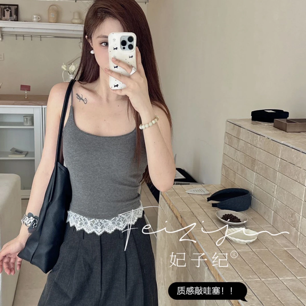 6607秋冬新款韩版时尚蕾丝拼接带胸垫吊带背心女内搭外穿美背女款