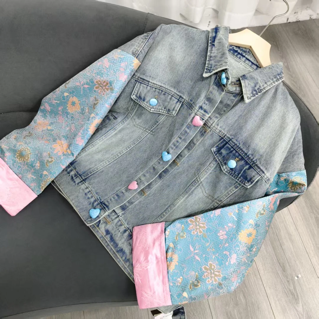 春季新款撞色拼接国风长袖短款牛仔外套女复古怀旧牛仔上衣C043