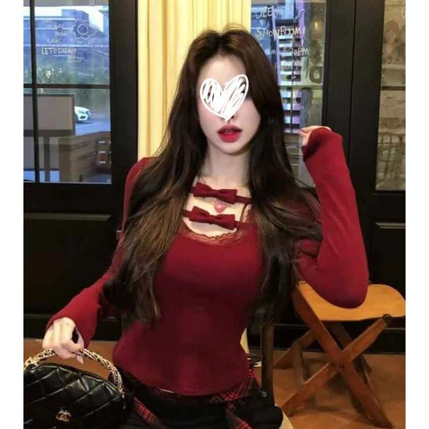 艺等2025秋季网红洋气小众纯欲蕾丝拼接镂空打底衫T恤百搭女上衣