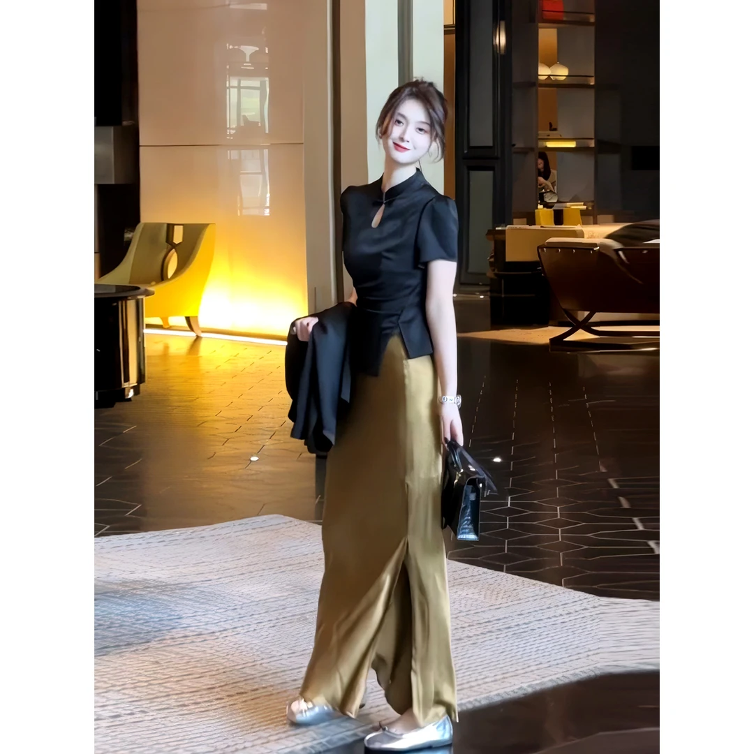 国风名媛女装高端设计感小众高级感黑色上衣半身裙套装女夏1300