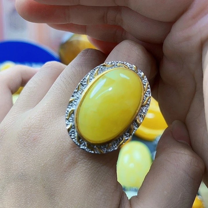 琥珀银S925镶嵌颈饰戒指