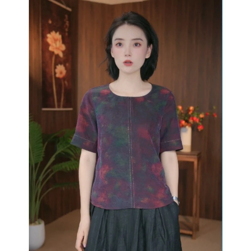 （99155）100%桑蚕丝扎染双面穿圆领小衫