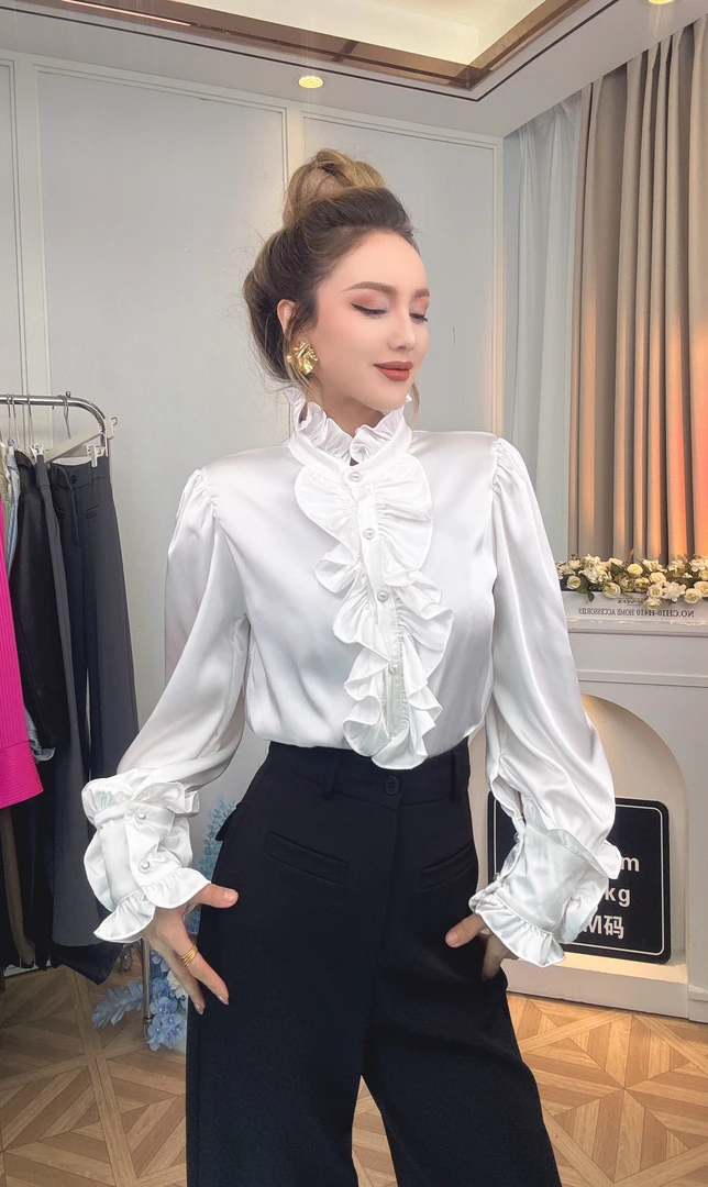 ADLA新款法式衬衫长袖玫瑰花袖衬衫个性显气质时尚百搭衬衣