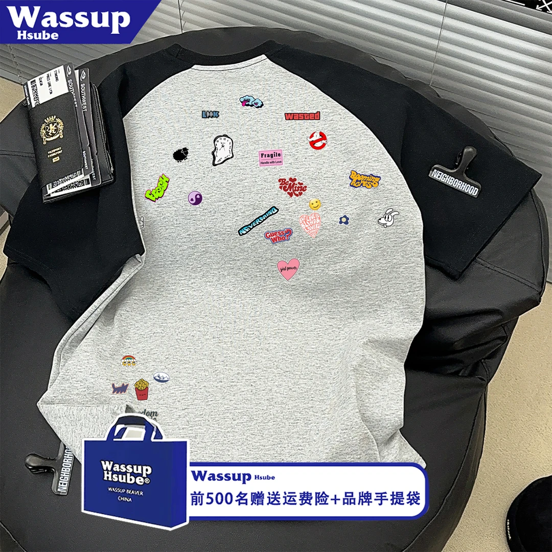 WASSUP HSUBE100%纯棉潮牌创意贴纸印花短袖T恤男学院风百搭上衣
