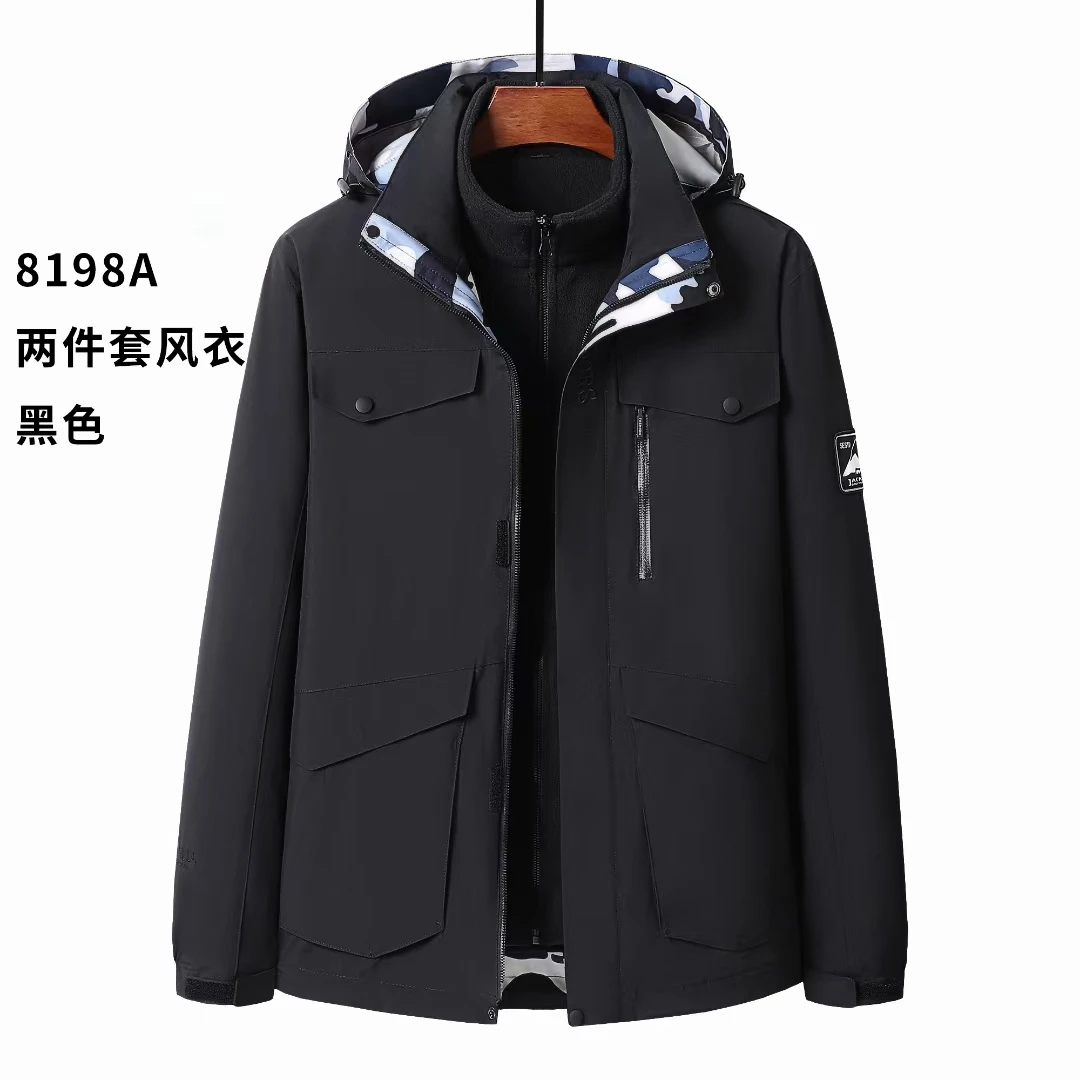 户外情侣黑色两件套防水冲锋衣防风冬季保暖潮牌，工装迷彩风格，