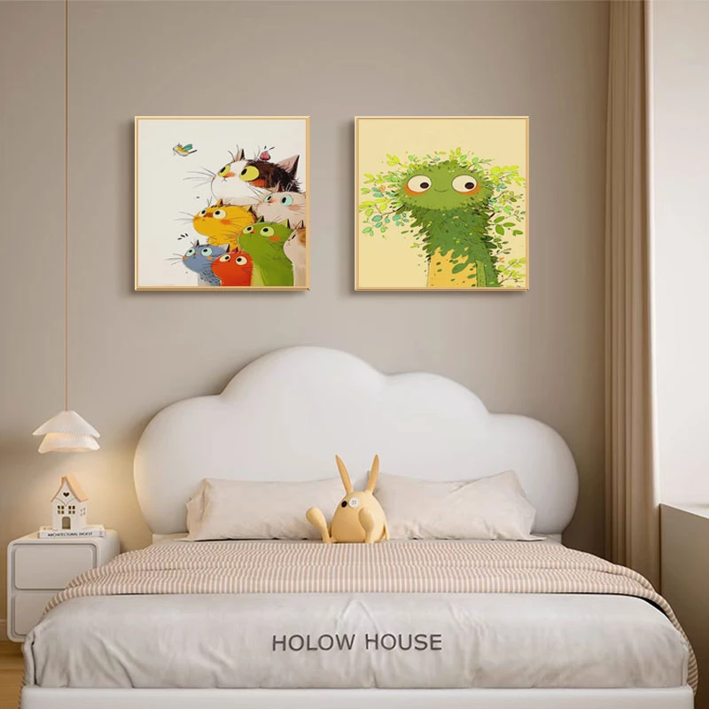 卡通叠猫猫可爱治愈系儿童房挂画小清新猫咪男孩女孩床头背景壁画