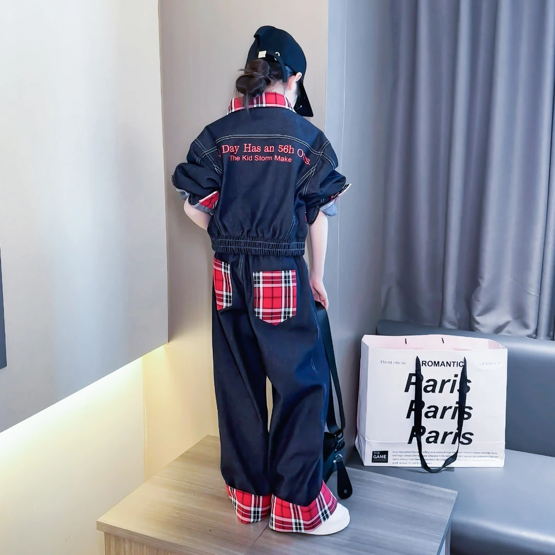 女童套装2025春季洋气新款中大儿童炸街阔腿牛仔裤女孩两件套春装