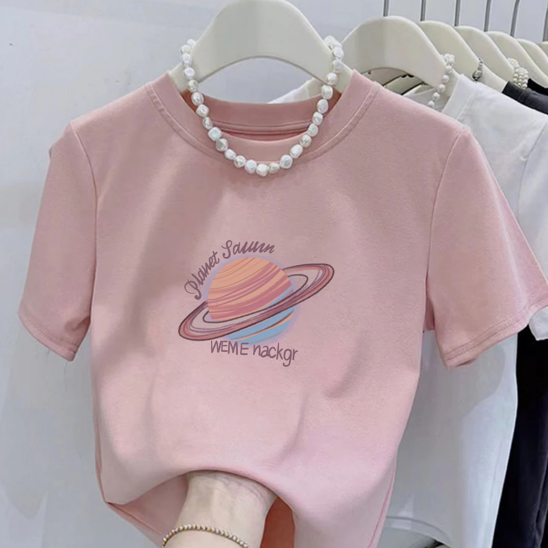 2025新款圆领紫色星球短款印花纯棉短袖T恤女时尚小个子显瘦上衣