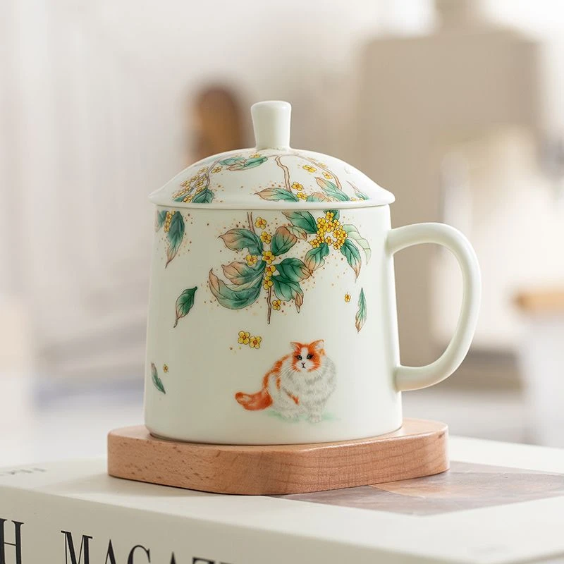 可爱猫女士陶瓷水马克杯带盖会议杯个人杯子咖啡家用办公室喝水杯