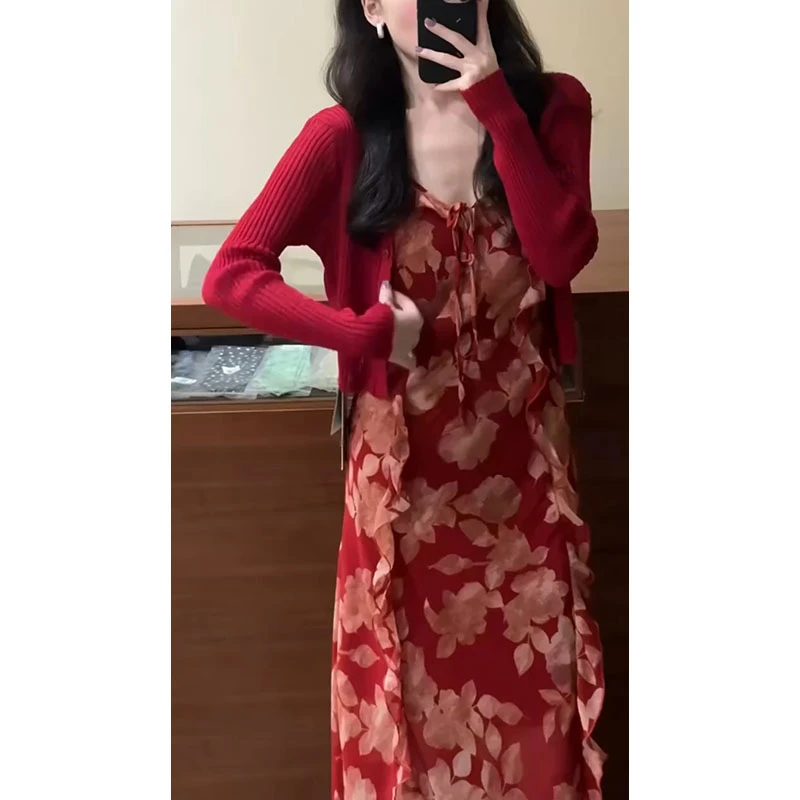 夏季新款洋气小众针织红色长袖上衣收腰显瘦设计感精致连衣裙套装