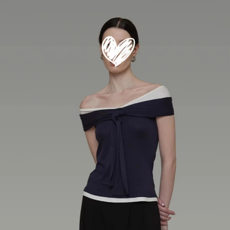 送运费险~2025夏季美式撞色一字肩T恤设计感修身气质露肩女上衣