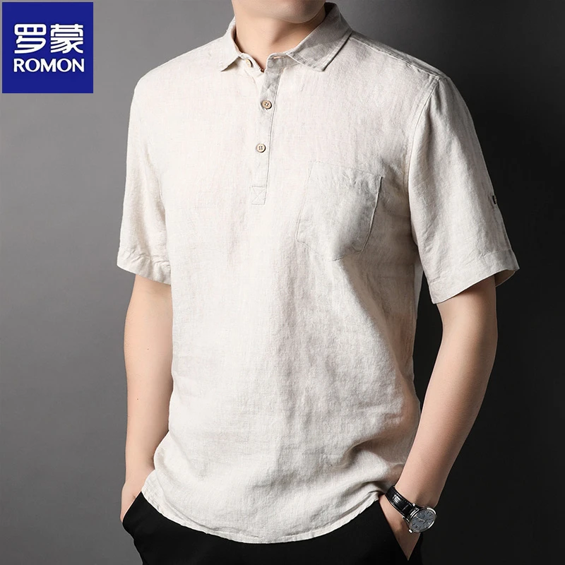 【100%亚麻】罗蒙休闲中国风男士t恤短袖翻领Polo衫夏季纯色真口袋