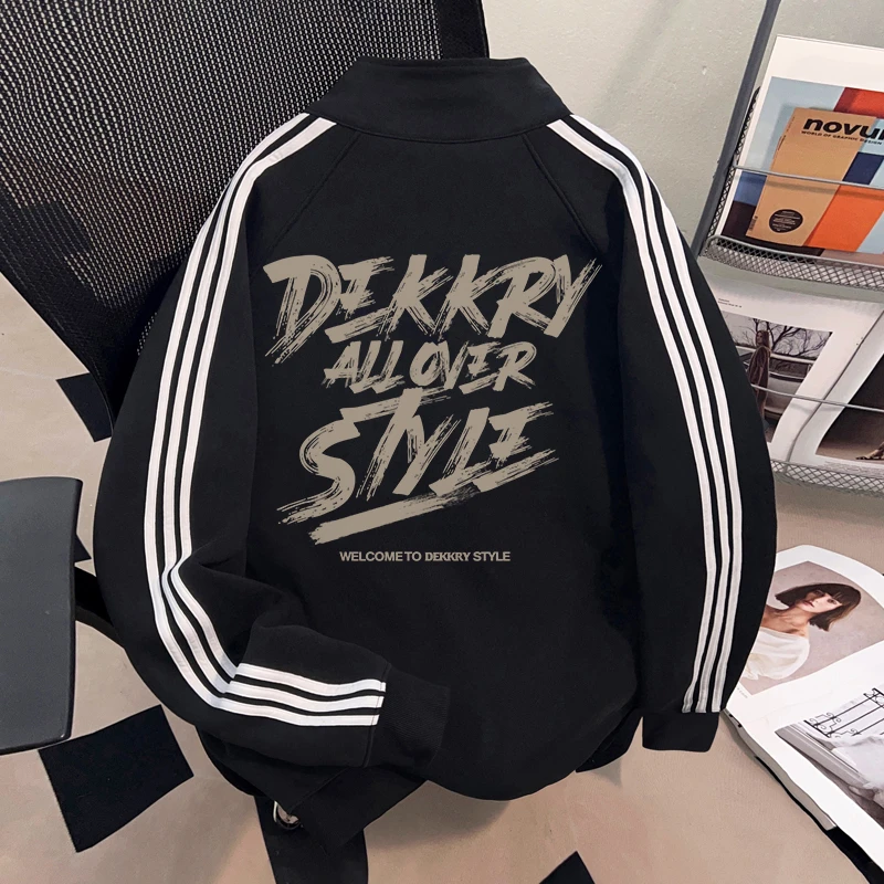 Dekkry潮牌全拉链黑色外套秋冬季立领卫衣开衫三条杠男女加绒上衣