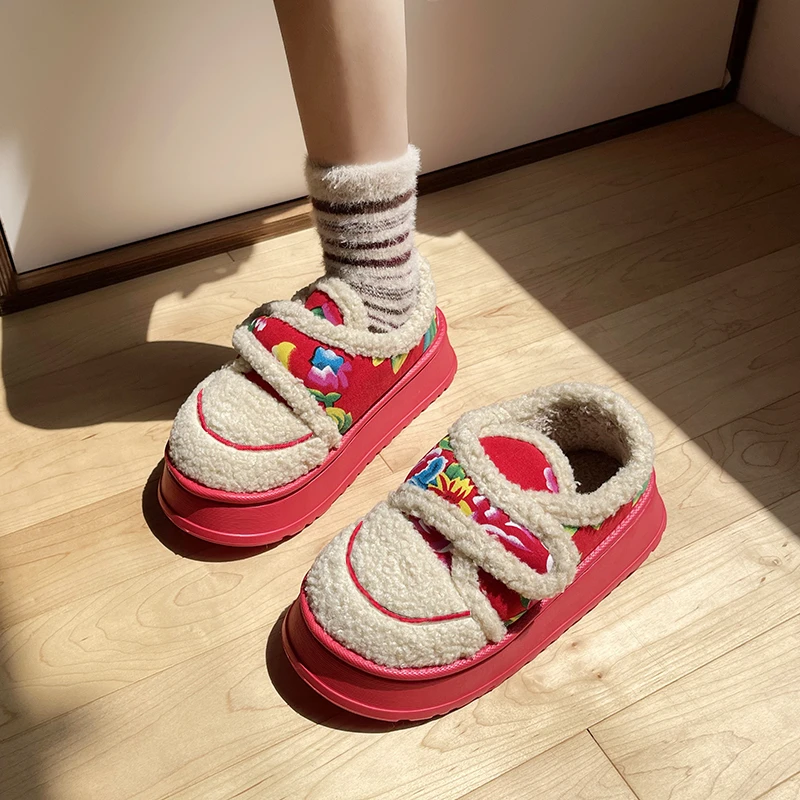 新年东北大花包跟棉拖鞋女士冬季防滑网红羊羔绒保暖喜庆棉鞋外穿