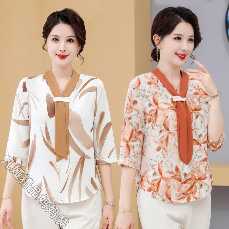 母亲节妈妈夏装洋气雪纺上衣新款宽松遮肉小衫中年女洋气减龄套装
