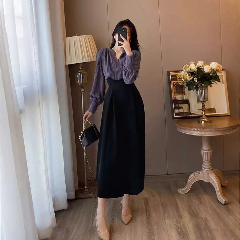 2025新款名媛显瘦假两件裙子蕾丝包臀女装时尚连衣裙2661