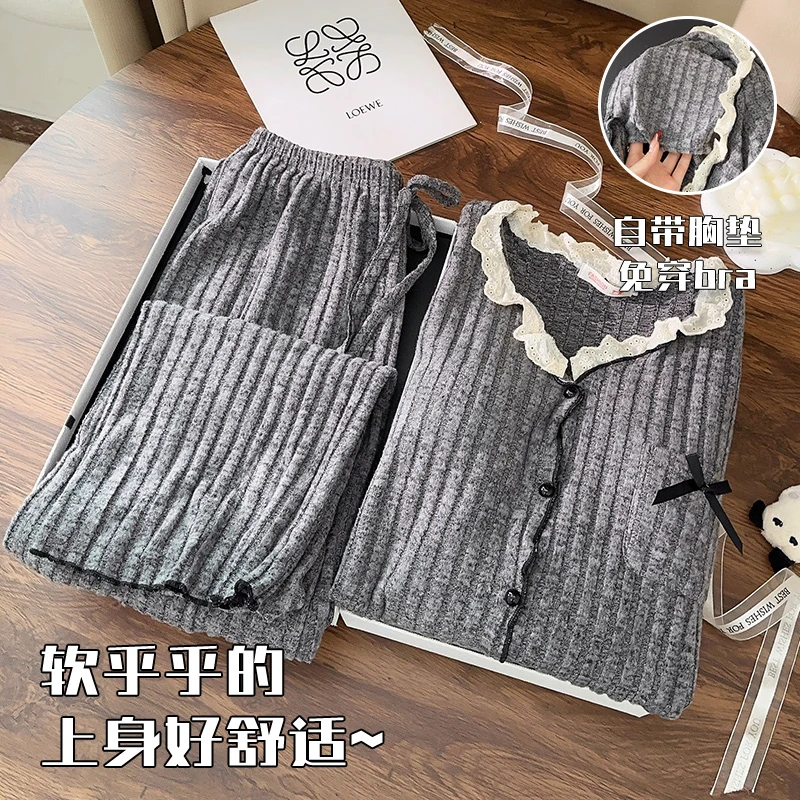 韩系高级感蕾丝蝴蝶结睡衣女2025春季新款保暖薄绒长袖家居服套装