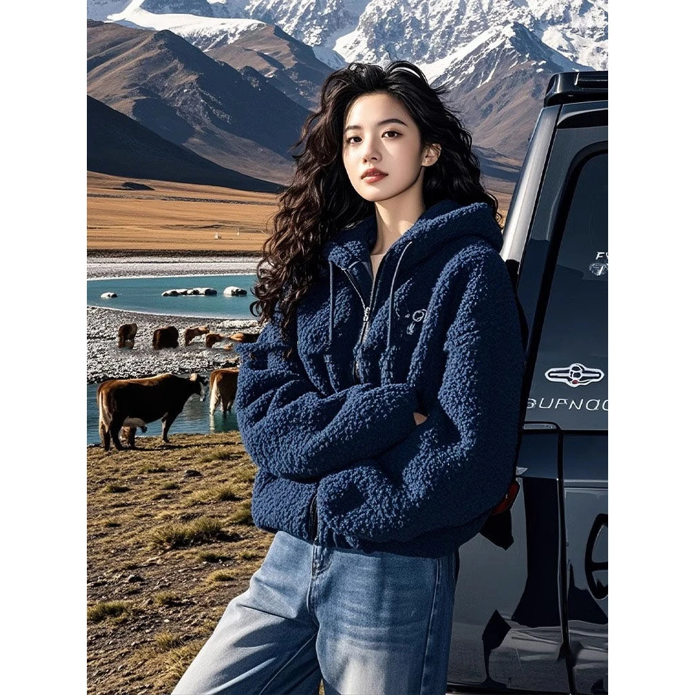 今年流行漂亮洋气蓝色羊羔绒连帽拉链卫衣外套女2025冬季新款