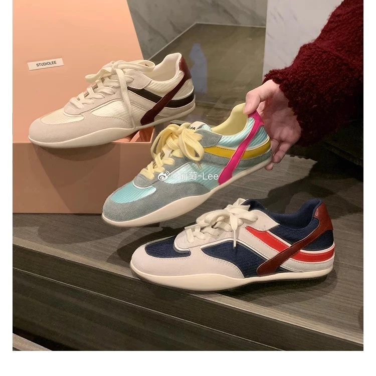 葡萄妈撞色休闲风系带拼接休闲阿甘鞋百搭夏季透气复古鞋子德训鞋