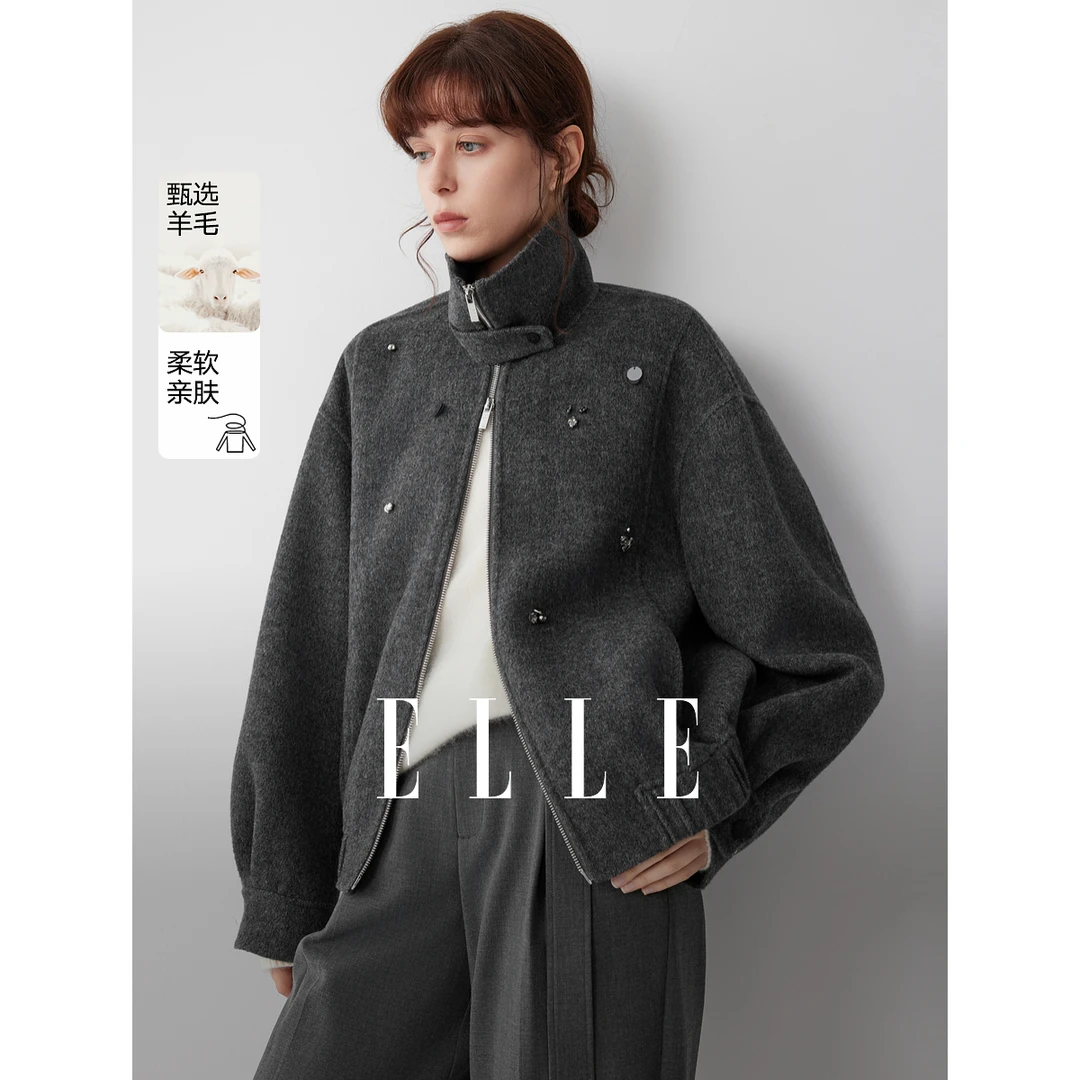 ELLE女装羊驼毛绵羊毛钉钻双面呢大衣2025冬新款宽松外套EN52104