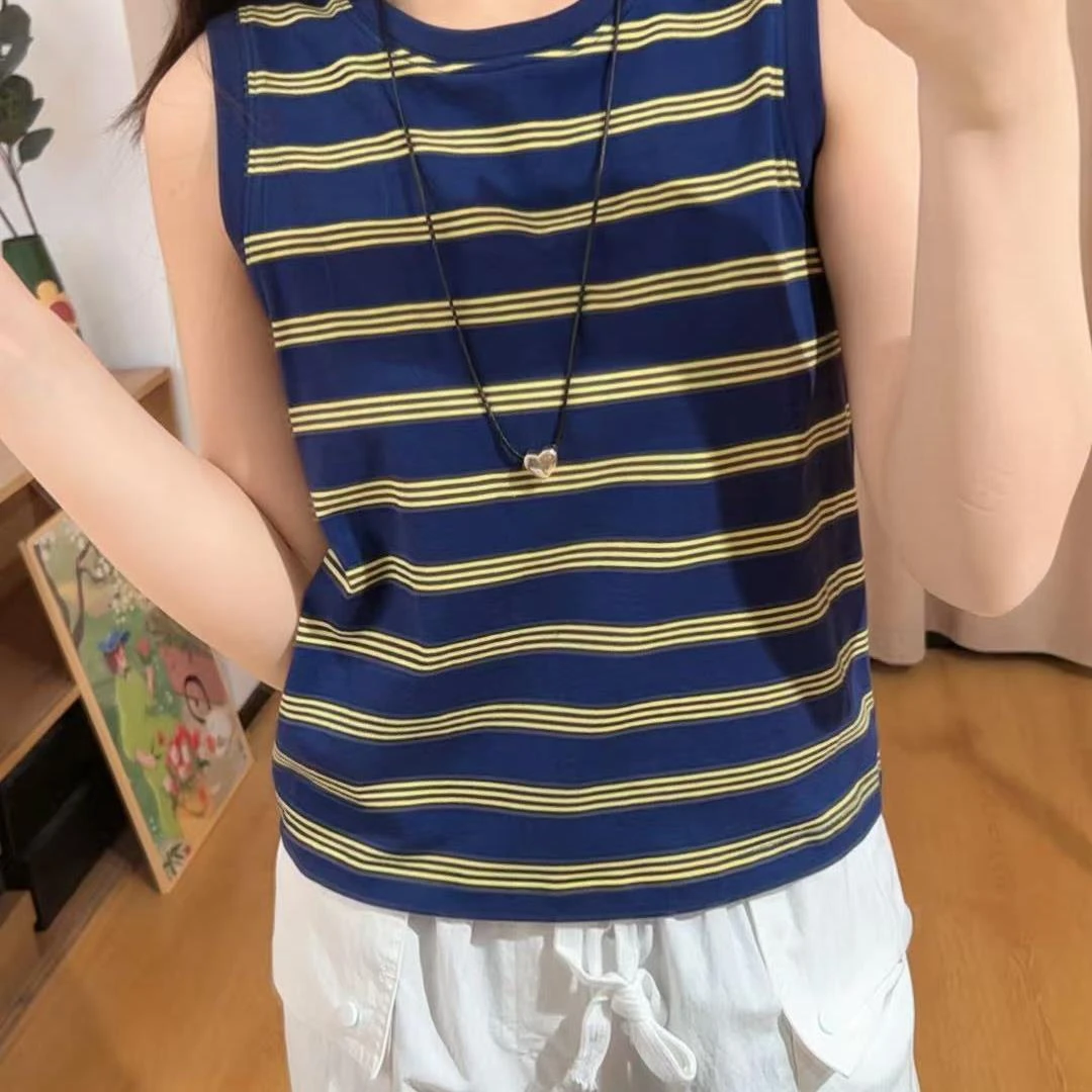 85152余小鱼【条纹法则】藏青色撞色横条纹圆领夏季无袖背心女装