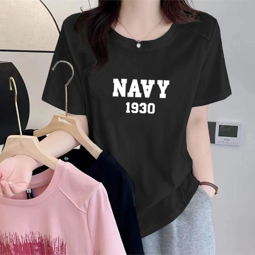 鱼骨短袖纯棉圆领大码百搭2025夏季设计感印花T恤女弧形薄款上衣