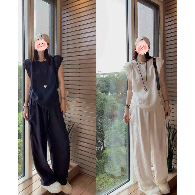 2025年法式休闲复古气质小飞袖上衣阔腿裤两件套装女夏季新款