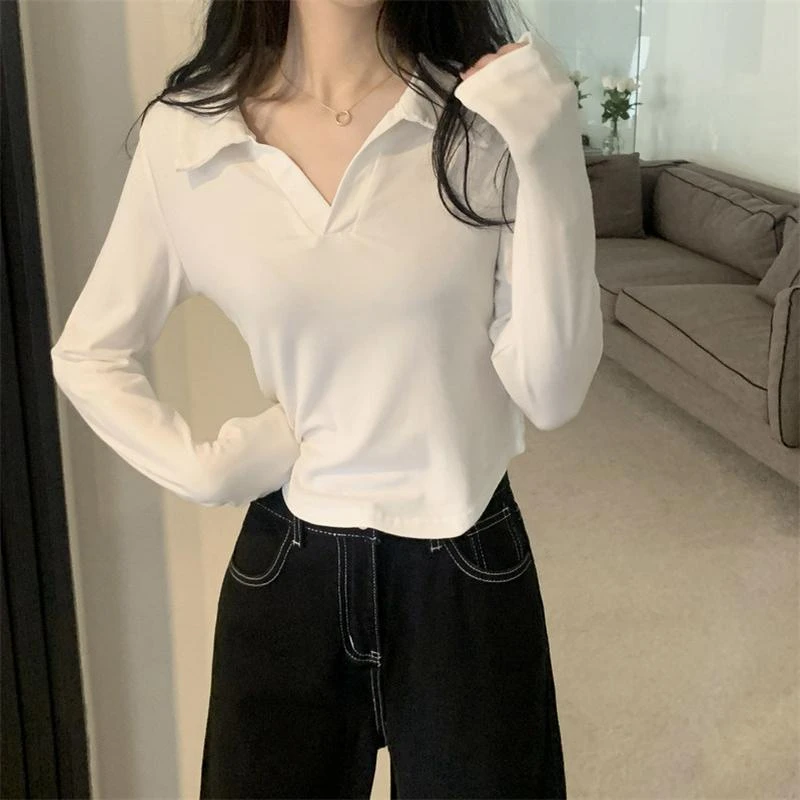POLO领白色v领小众长袖t恤女早秋新款修身显瘦内搭短款打底衫学生