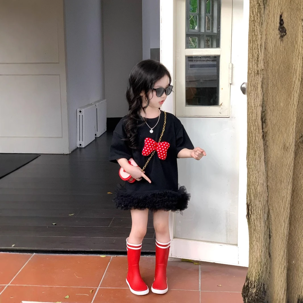 《小思家》女童2025夏季新款韩版甜酷度假立体蝴蝶结短袖T恤连衣裙