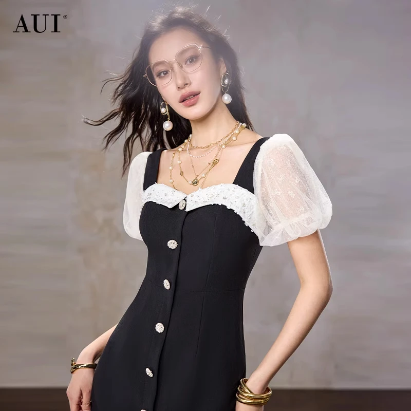 【黄蓉推荐】AUI时尚泡泡袖修身连衣裙气质开叉包臀裙-25W019560