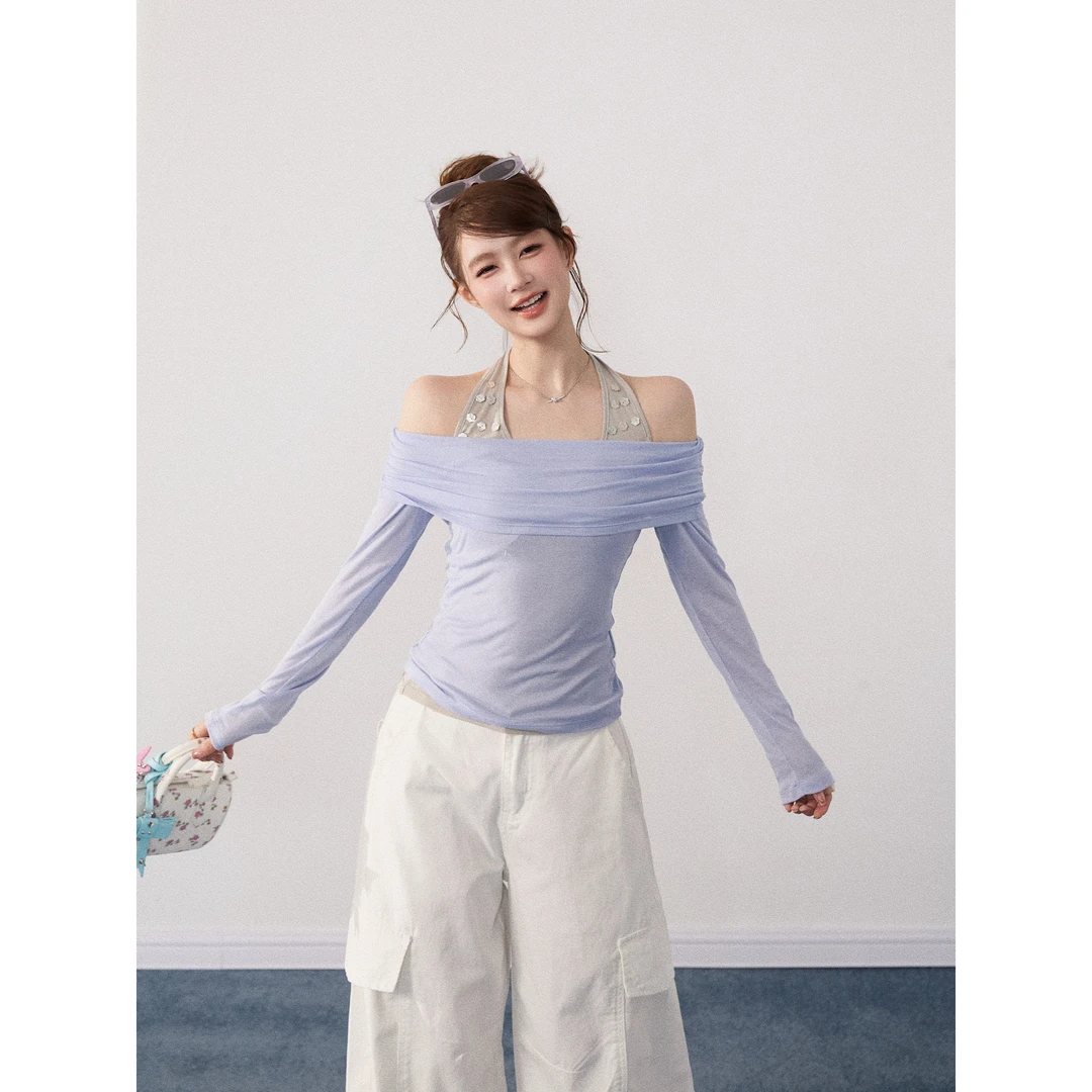 【谢不肉】一字肩挂脖真两件温柔长袖T恤女秋韩版休闲气质上衣50189