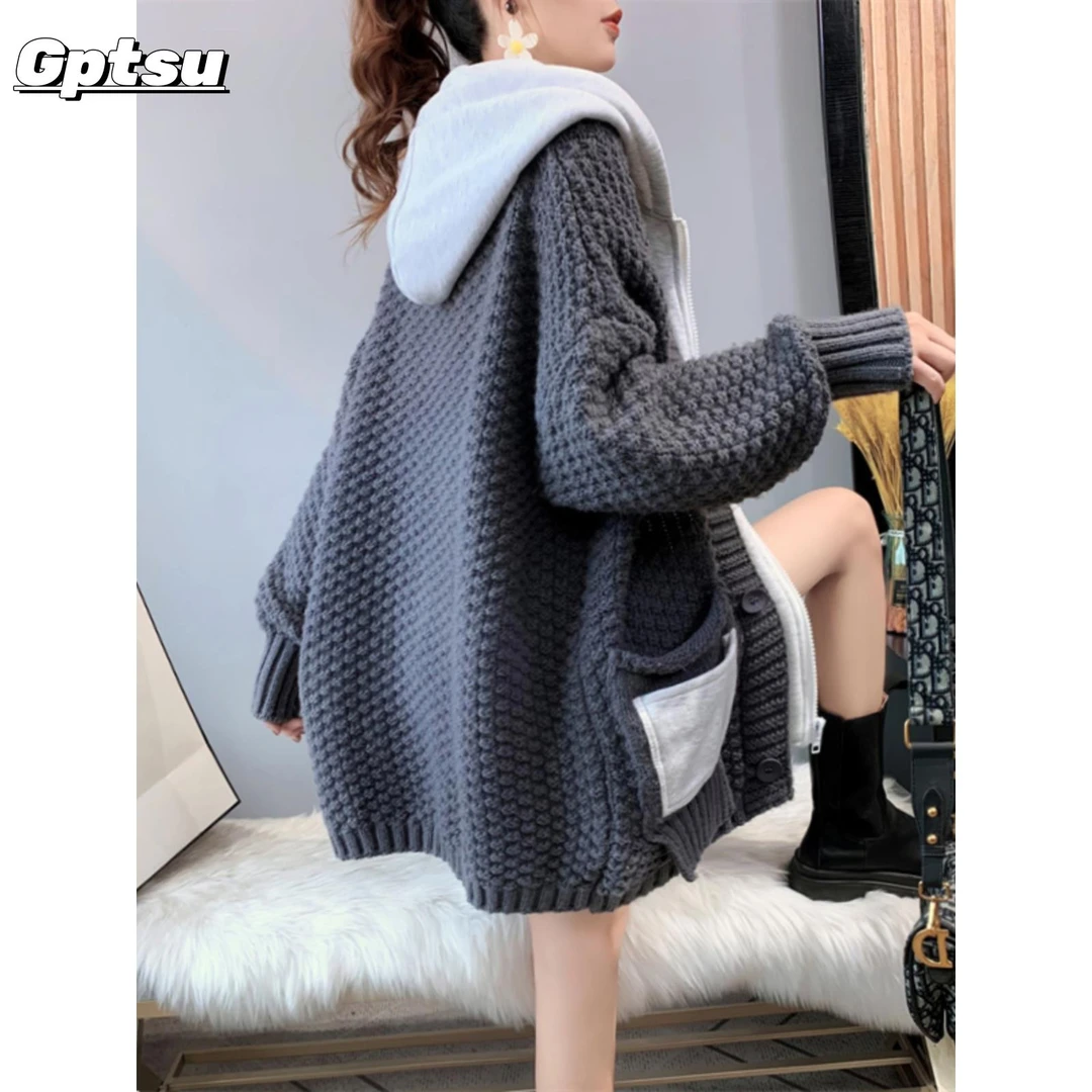 GPTSu韩版软糯系针织外套女长款秋冬高中学生宽松慵懒风加厚毛衣