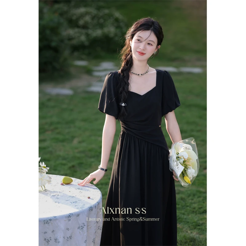 「松露小黑裙」法式方领露腰连衣裙女夏季新款气质裙子L36533