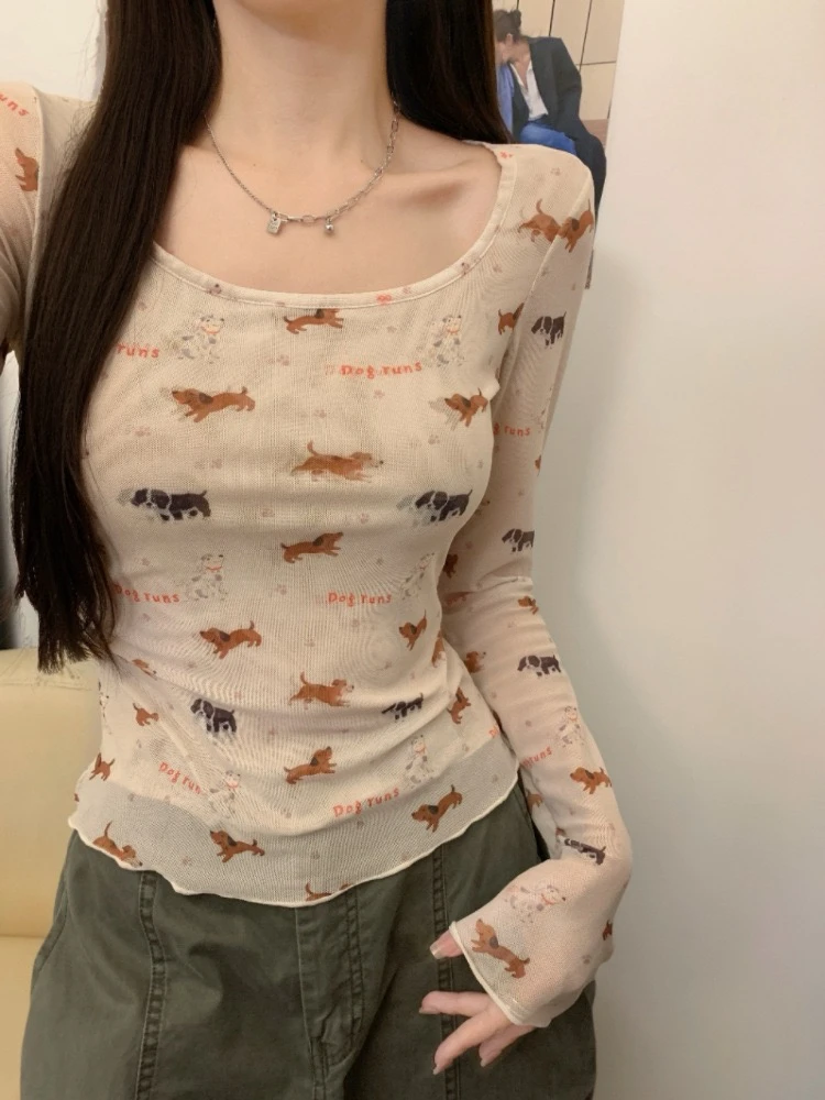 小狗印花网纱长袖修身内搭ins短款小众上衣薄款夏季打底衫