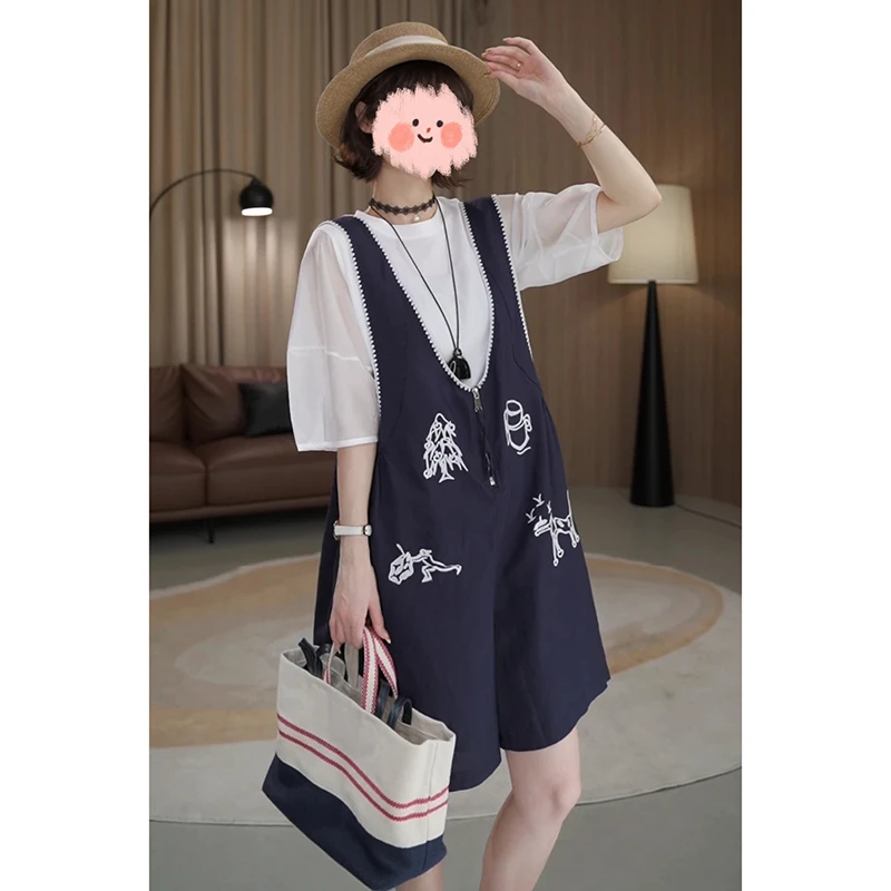 时尚刺绣背带裤搭圆领上衣夏季显瘦宽松阔腿裤女两件套装