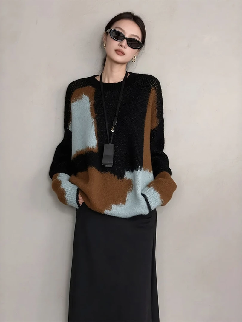 拼色软糯针织毛衣女款2025年秋季爆款韩系氛围感穿搭长袖chic上衣