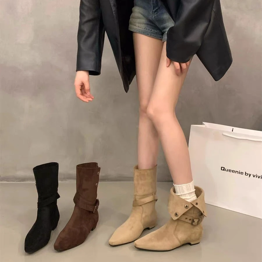 欧美风被夸爆了！复古美拉德咖色尖头两穿短靴女秋季马丁靴