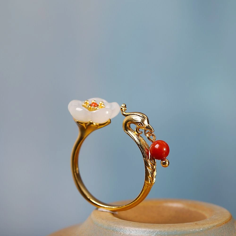 铜合金树脂戒指 凤凰梅花戒指金色指环女小众高级复古民族风古典