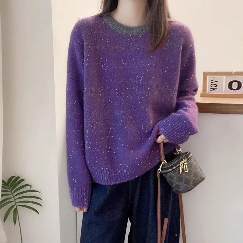 秋冬圆领宽松亮片毛衣新款纯色休闲针织衫慵懒百搭打底针织上衣潮