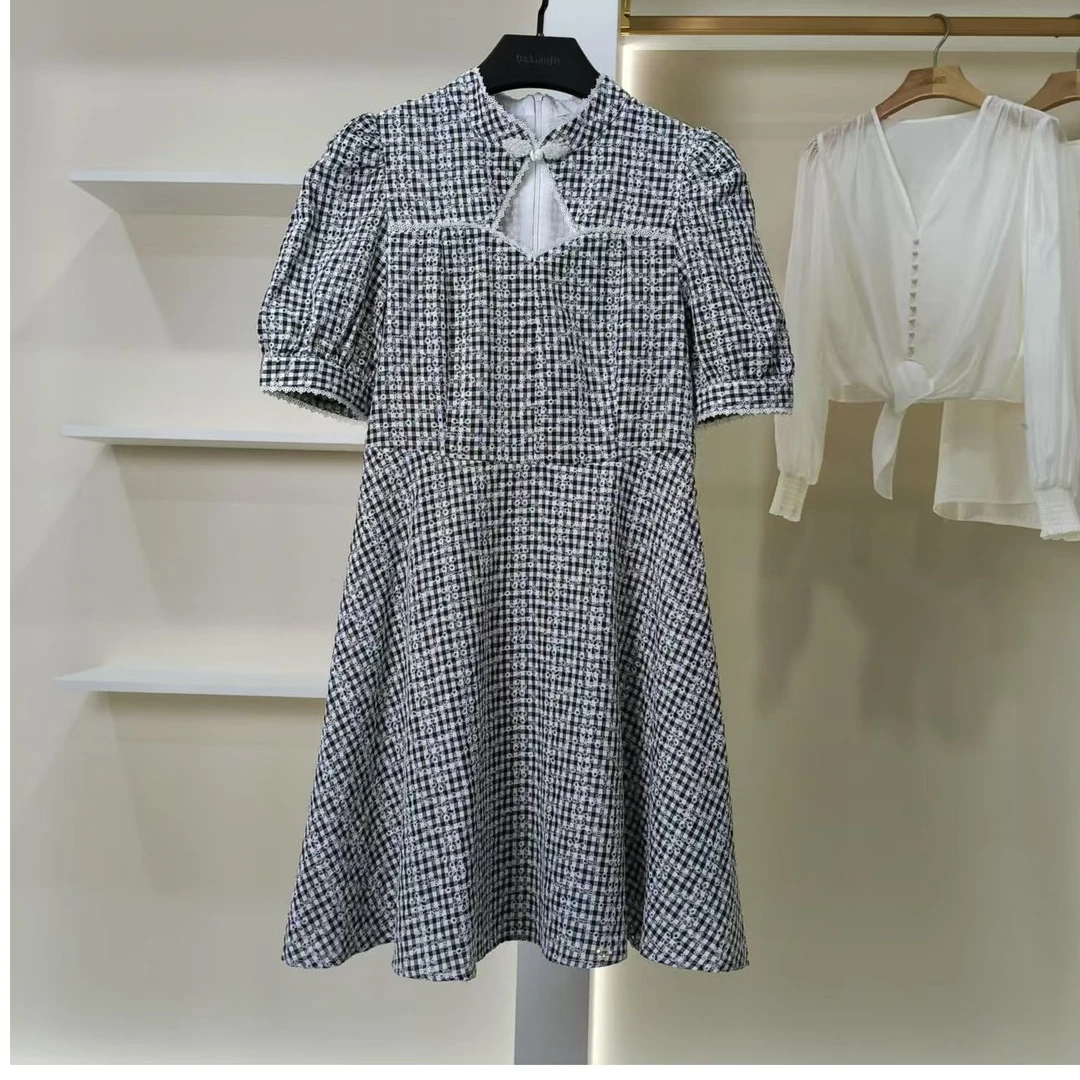 一路童行  谷系列 B202 黑白格国风领连衣新2025夏新款
