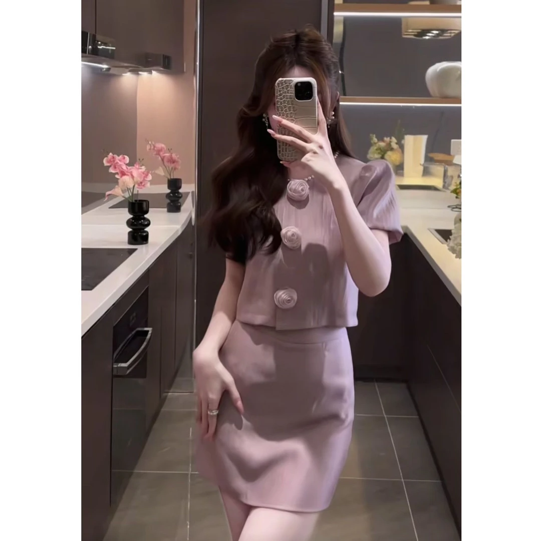 小香风名媛气质显瘦短袖上衣半身裙两件套装662